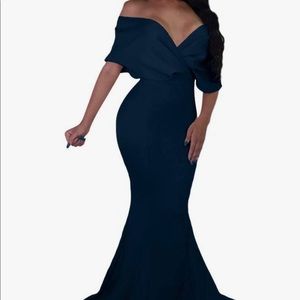 Sexy V Neck Off The Shoulder Evening Gown Fishtail Maxi Dress - navy size large